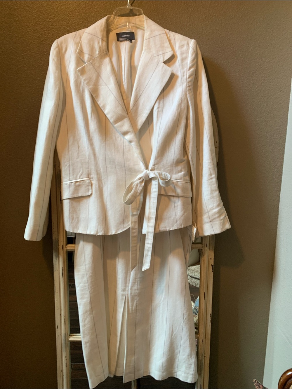 Maxine White Linen-Blend Tie-Waist Blazer & Skirt Set